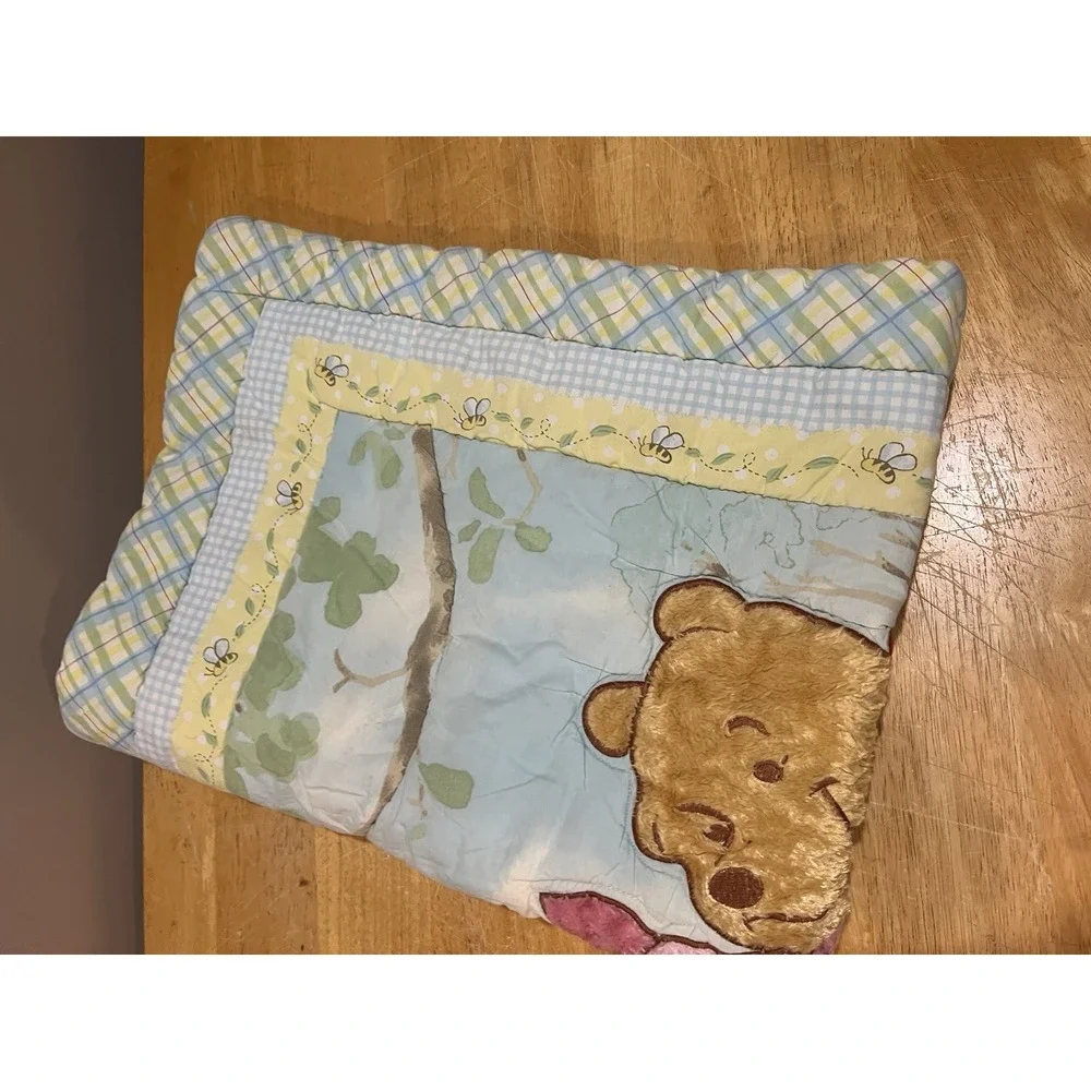 Pooh Piglet Eeyore Bird Butterfly Crib Comforter Bee Blue Yellow Plaid Blanket‎